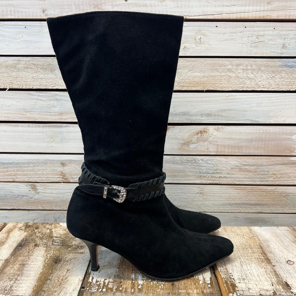 Vintage Dezario Black Suede Mid Calf‎ Boots Rhinestone Buckle Y2K Size 7.5
